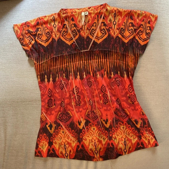 Susan Lawrence Tribal Aztec V-Neck Short Sleeve Orange Red Brown Blouse Size M - Picture 3 of 10